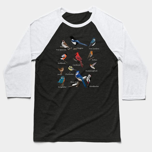 Garden Birds Cardinal Blue Jay Hummingbird Robin Wren Finch Baseball T-Shirt by jzbirds